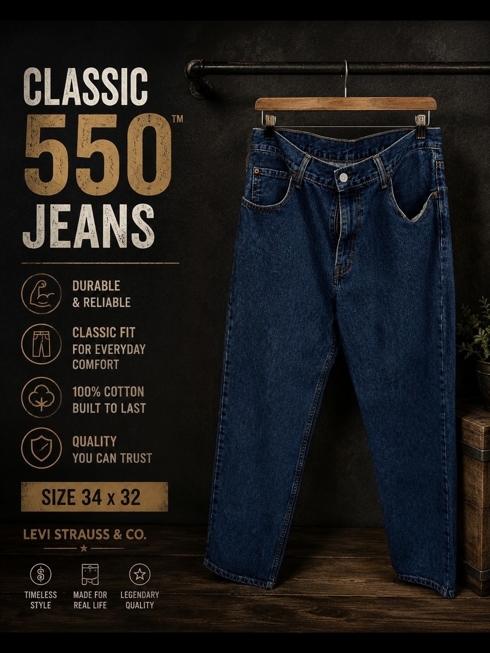 Levi’s 550 Men’s Relaxed Fit Jeans 34x32 Medium Wash 100% Cotton